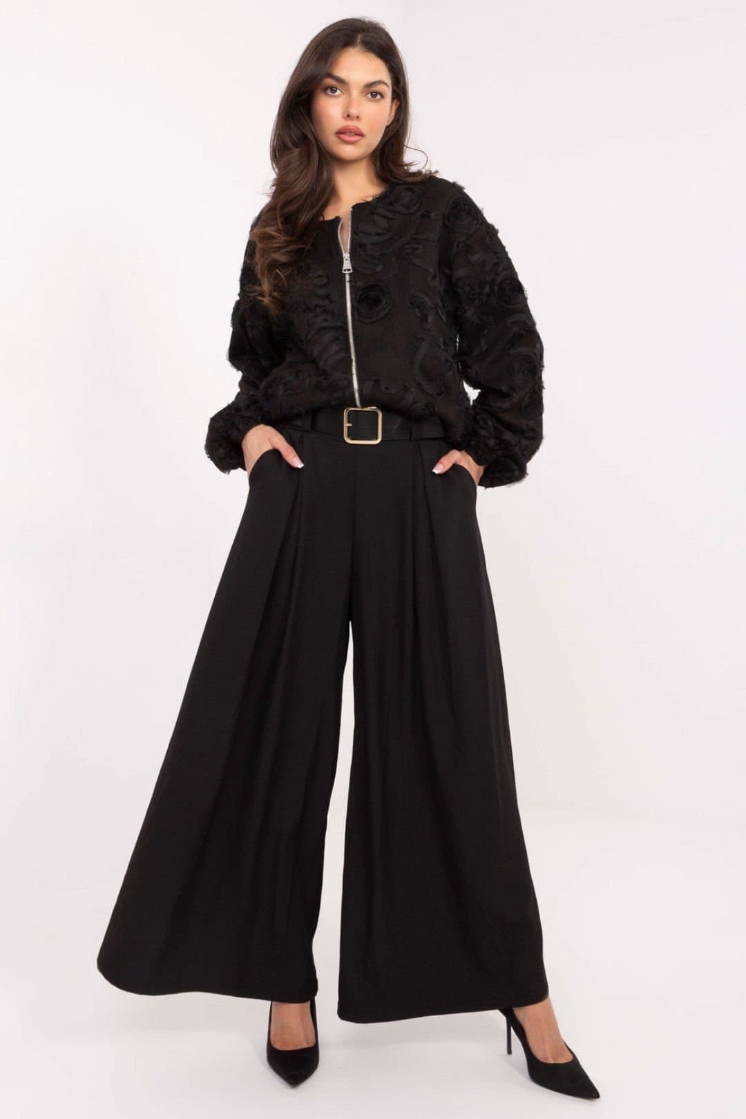 Love Lace Love Lace Women's Elegant High Waist Pleated Palazzo Pants in Black