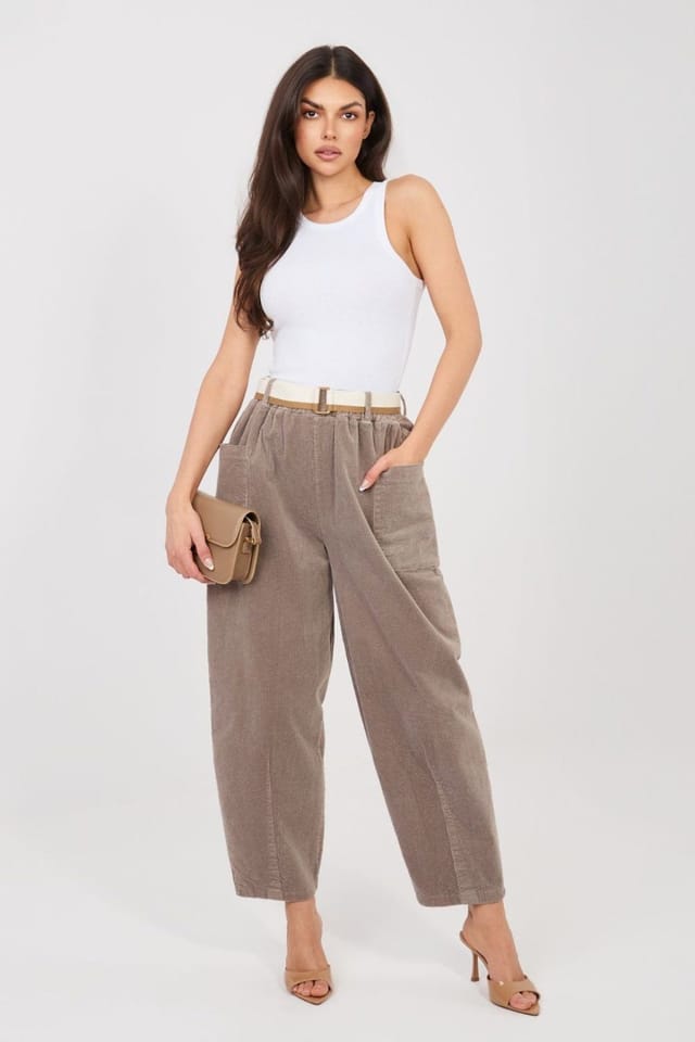 Love Lace Love Lace Women's High Waisted Corduroy Carrot Trousers in Beige - 3