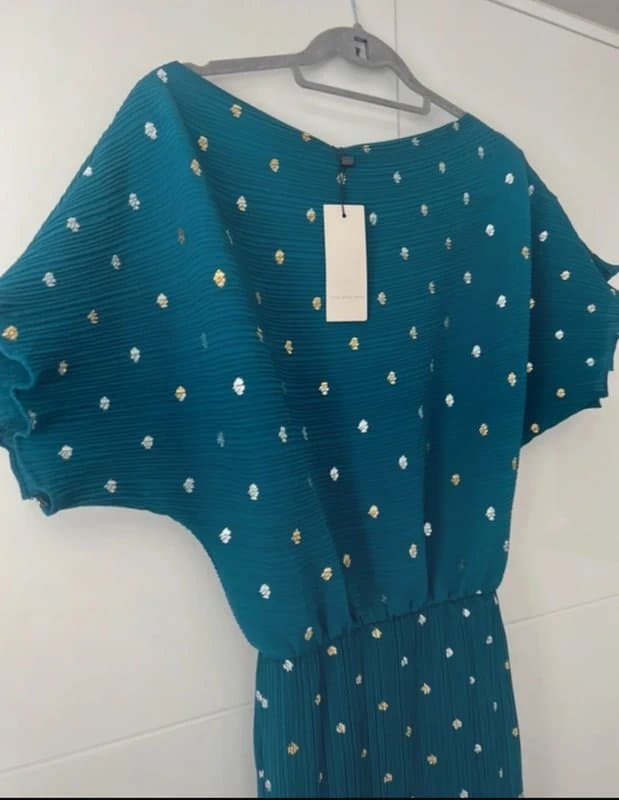 Never Fully Dressed Never fully dressed petite Plisse teal maxi dress in gold & silver spots