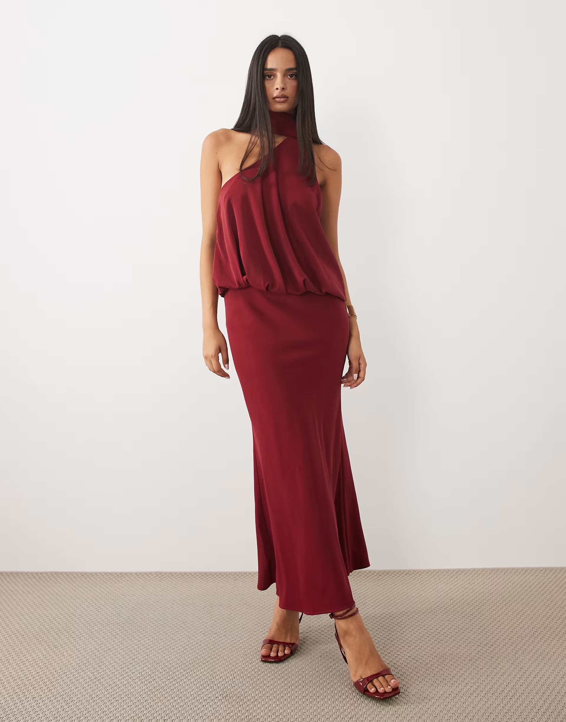 ASOS ASOS DESIGN one shoulder with tie neck maxi dress in burgundy