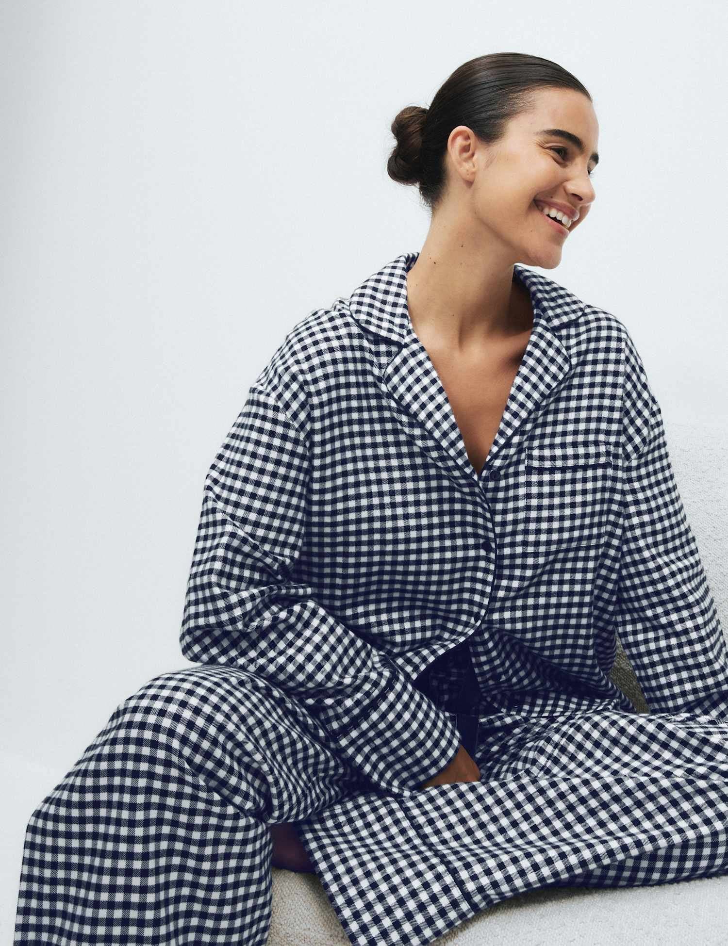 Marks & Spencer M&S Pure Cotton Gingham Revere Pyjama Set Navy Mix