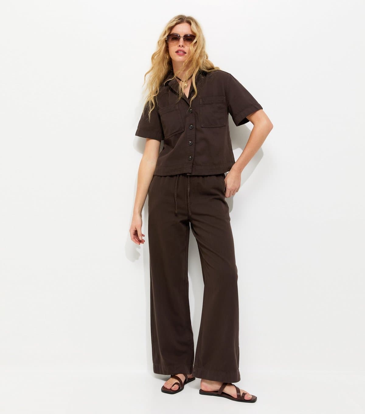 New Look Women's Dark Brown Cotton Twill Drawstring Wide Leg Trousers New Look