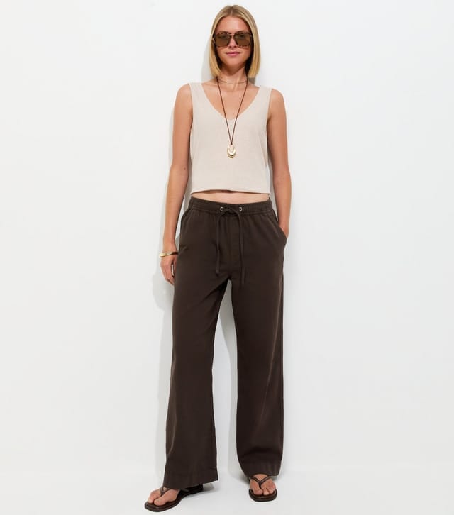 New Look Women's Dark Brown Cotton Twill Drawstring Wide Leg Trousers New Look - 3