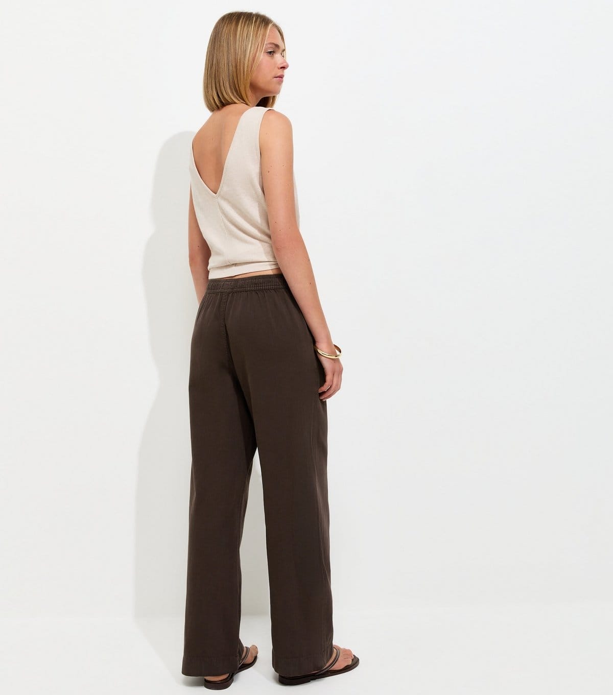 New Look Women's Dark Brown Cotton Twill Drawstring Wide Leg Trousers New Look - 4