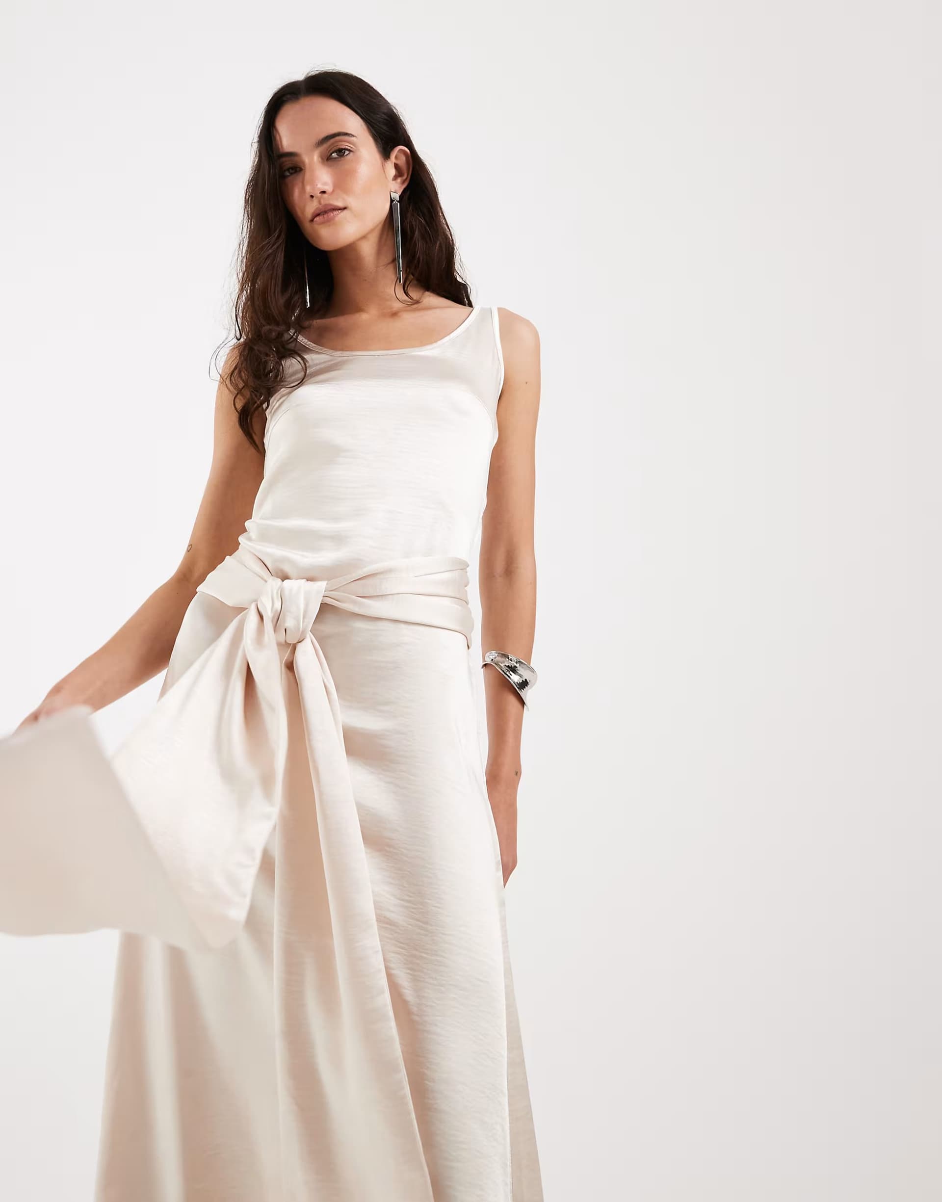 ASOS 4th & Reckless satin drape waist detail scoop neck maxi dress in cream