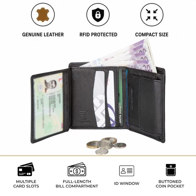 Woodland Leathers Woodland Leathers Men's Men's RFID Leather Wallet with ID Window & Button Coin Pocket in Black - 3