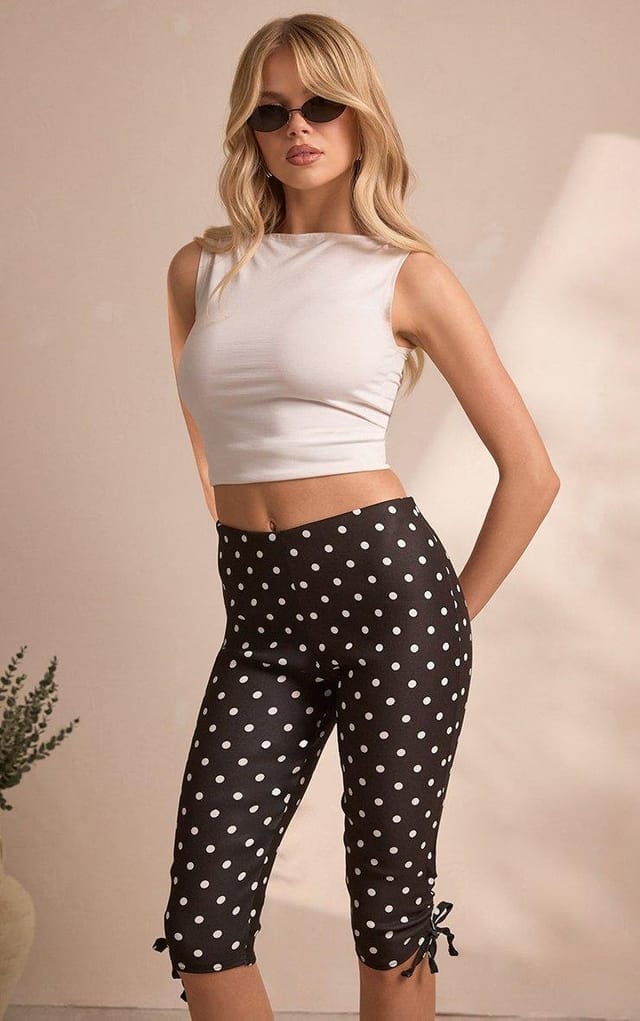 EGO Capri Trousers In Black Polka Dot Woven, Women's Size UK L - 2