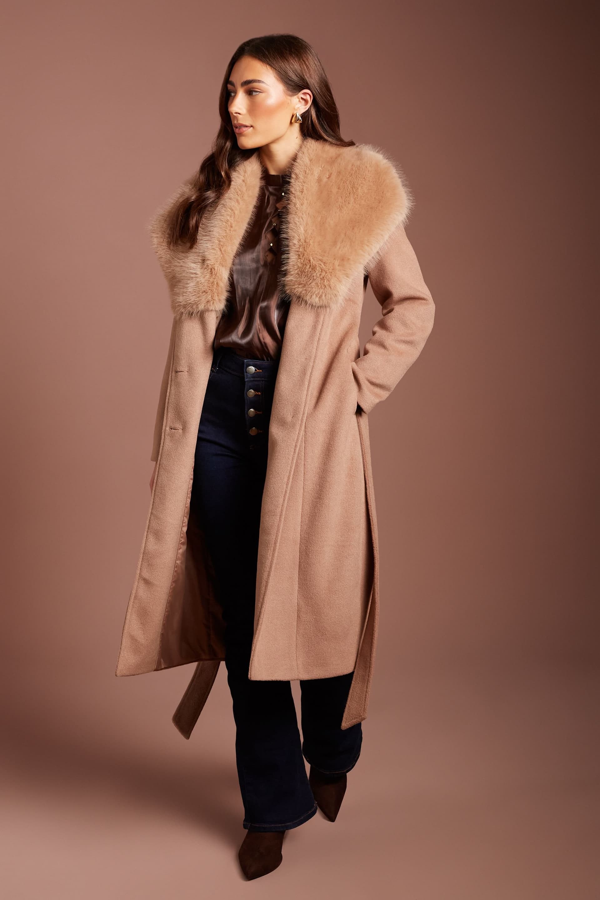 Coast Coast Women's Camel Faux Fur Collar Occasion Belted Midi Coat