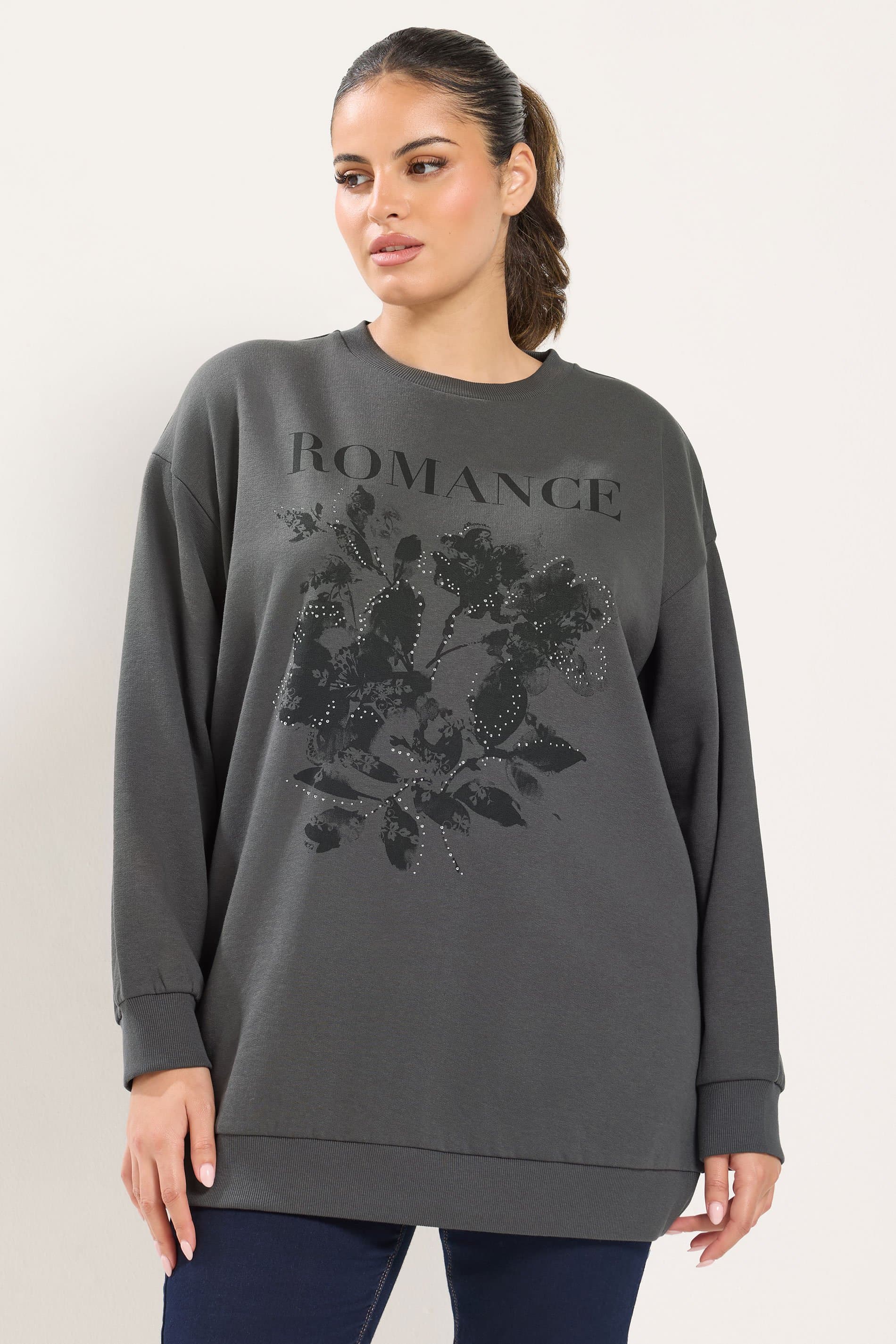 Yours Curve Womens Grey 'Romance' Studded Sweatshirt