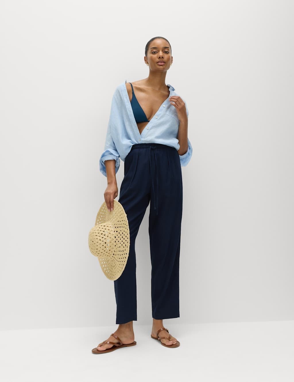 Marks & Spencer M&S Linen Rich Elasticated Waist Tapered Trousers Navy