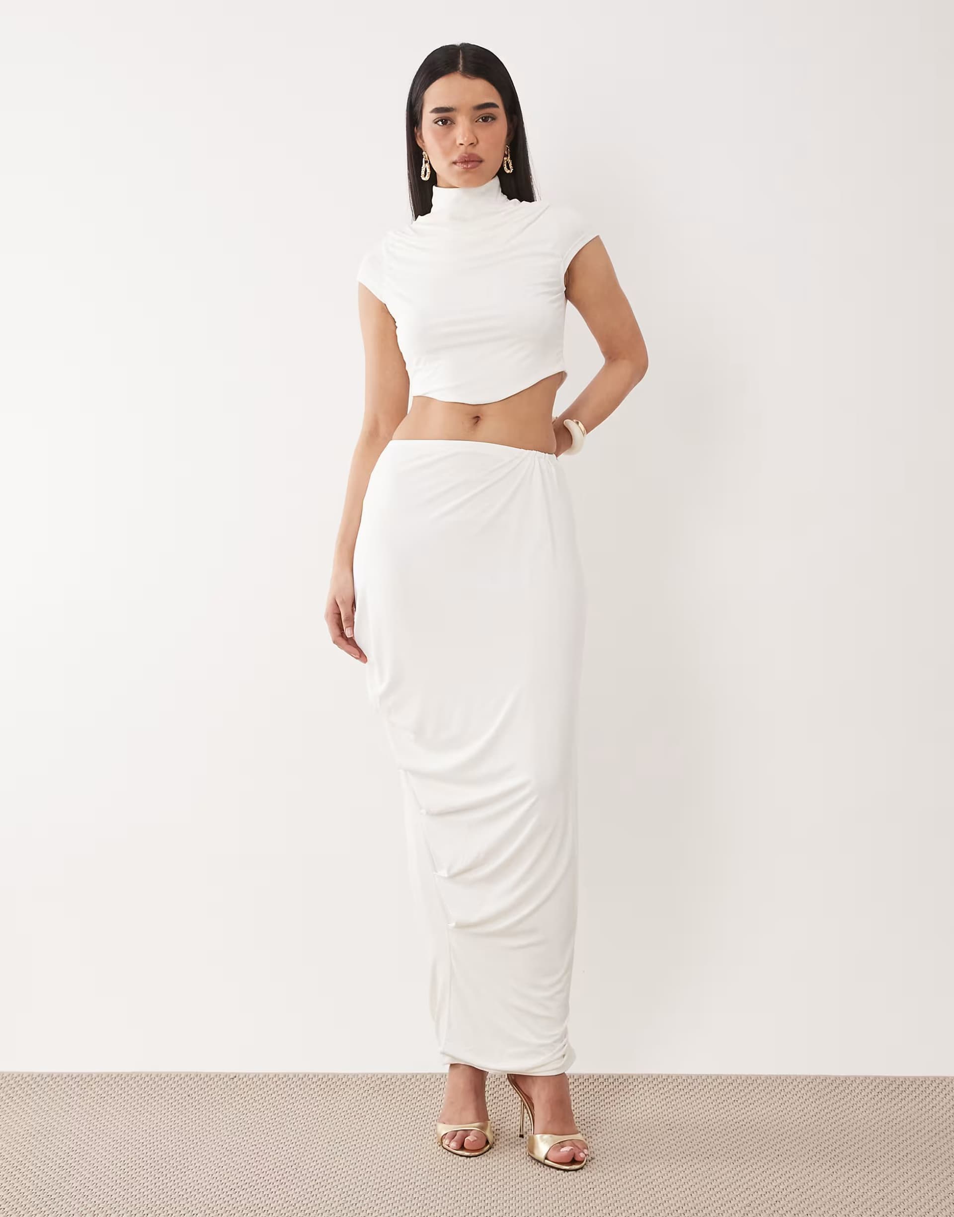 ASOS Ruched & Ready sculpting jersey high neck cap sleeve and maxi skirt co-ord top in white