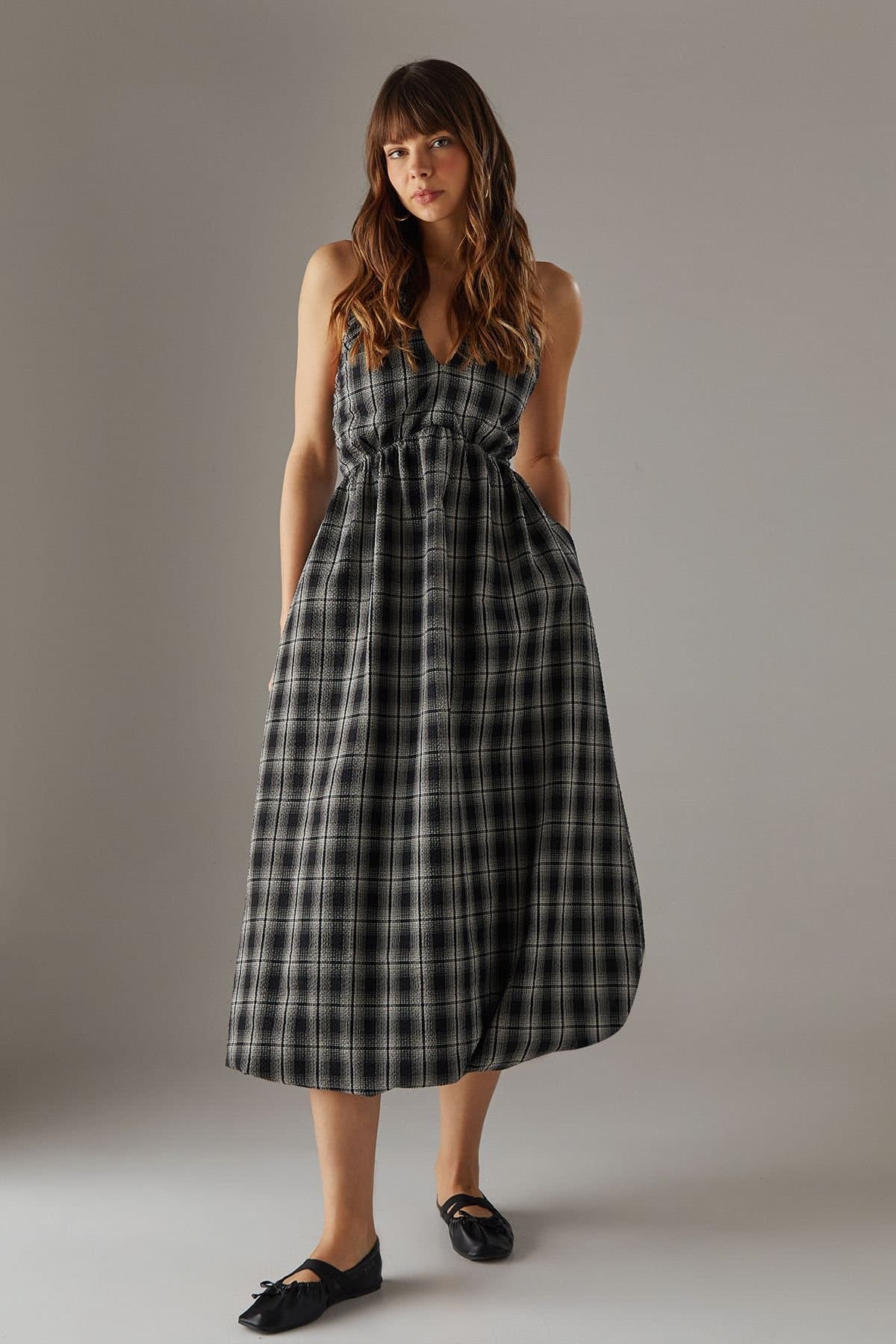 Warehouse Warehouse Women's Check Halter Open Back Puff Ball Midi Sundress in Black