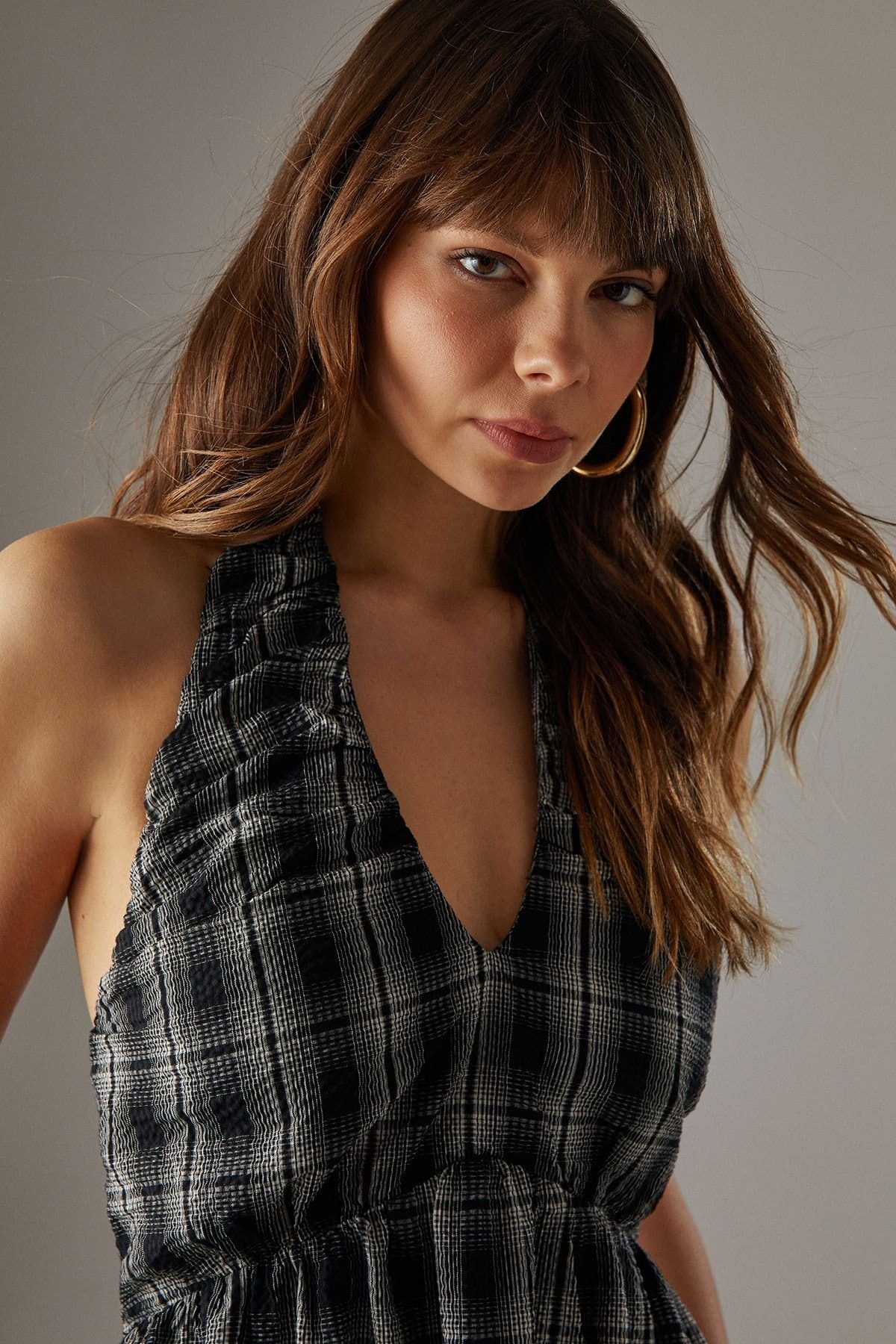 Warehouse Warehouse Women's Check Halter Open Back Puff Ball Midi Sundress in Black - 4