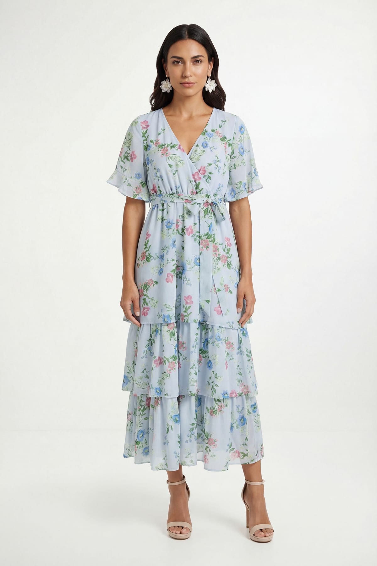 Wallis Wallis Women's Petite Floral Print Ruffle MAXI Dress in Blue - 1
