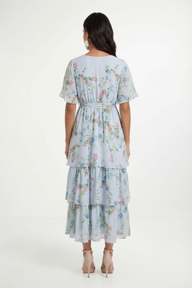 Wallis Wallis Women's Petite Floral Print Ruffle MAXI Dress in Blue - 2