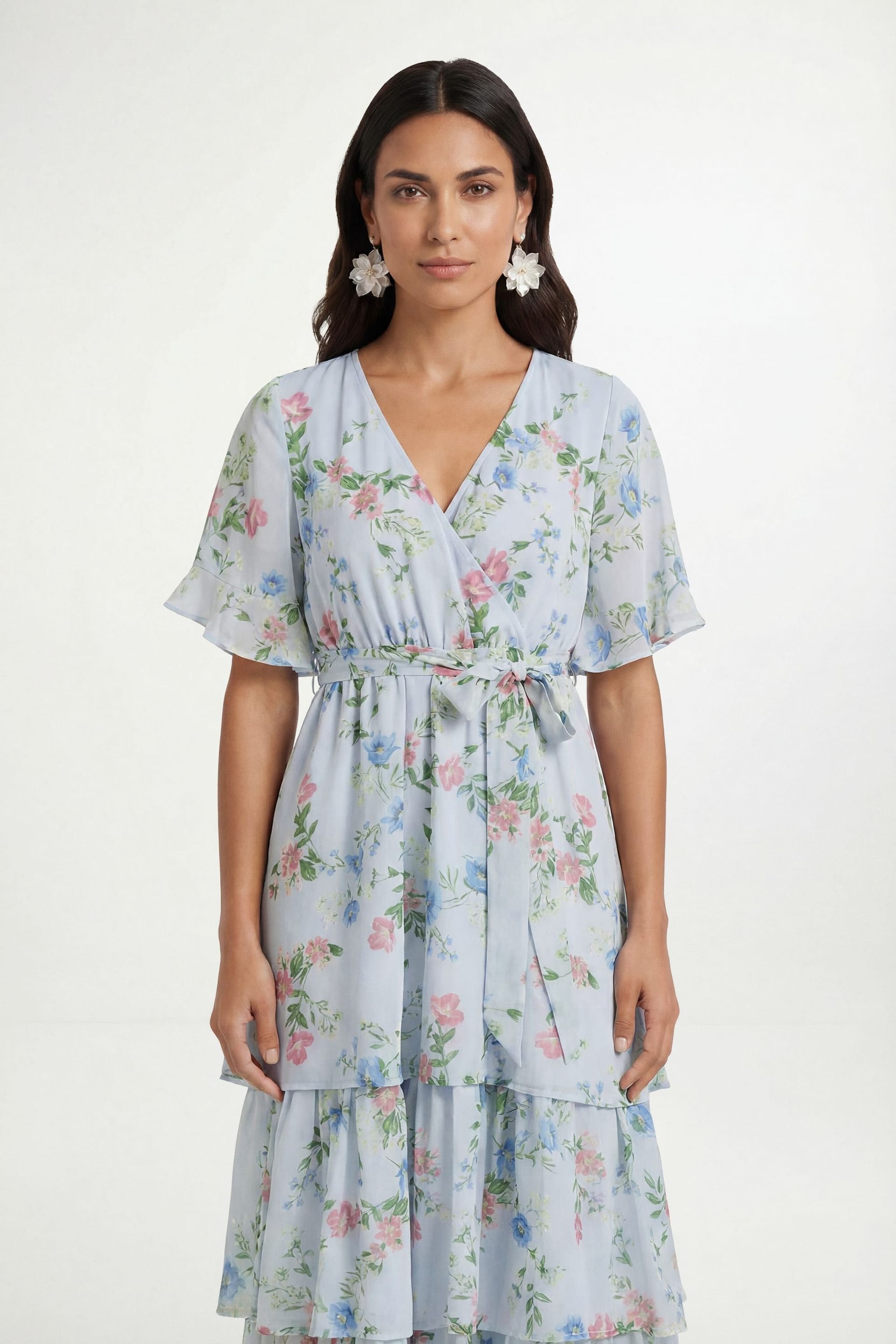 Wallis Wallis Women's Petite Floral Print Ruffle MAXI Dress in Blue - 4