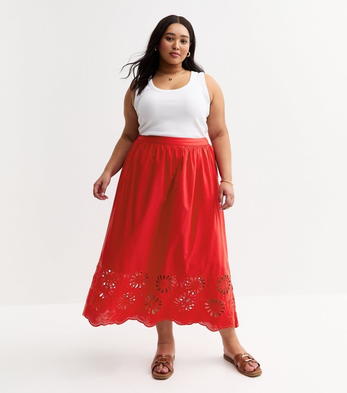 New Look Women's Plus Size Red Cutwork Hem Midi Skirt Curves New Look