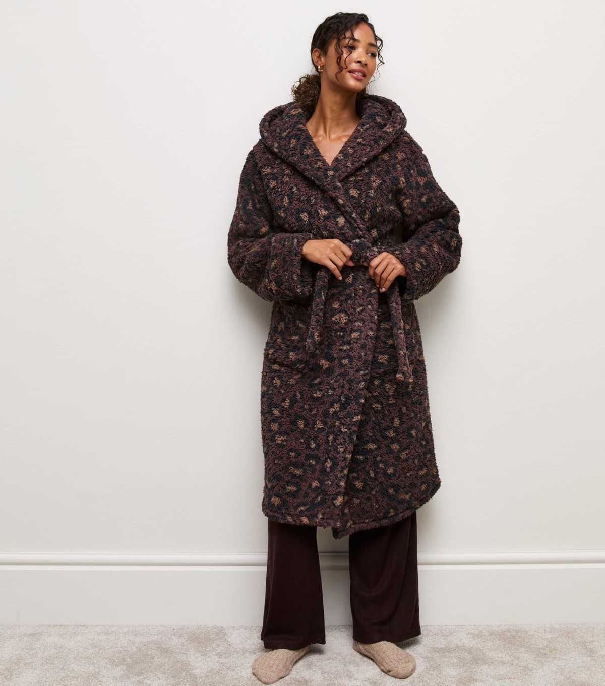 New Look Women's Brown Borg Leopard Print Hooded Robe New Look