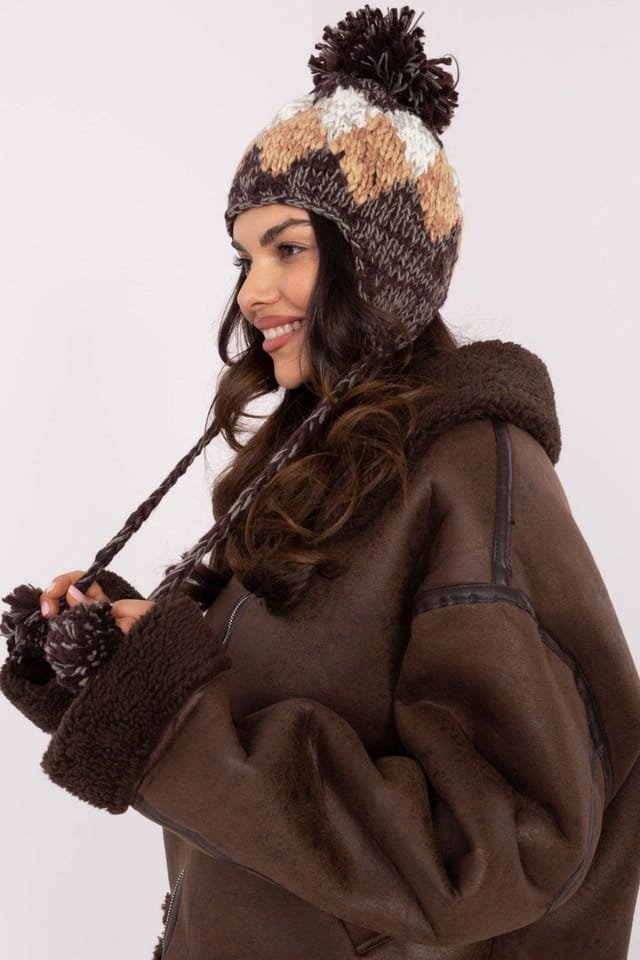 Love Lace Love Lace Women's Diamond Pattern Winter Beanie Earflap Hat with Fluffy Pom Pom in Brown - 3
