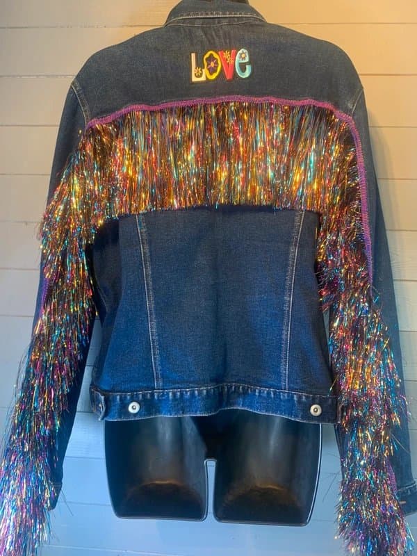 The Unbranded Brand Dopamine denim fringe tassel embellished jacket festival clowncore style UK 12 14