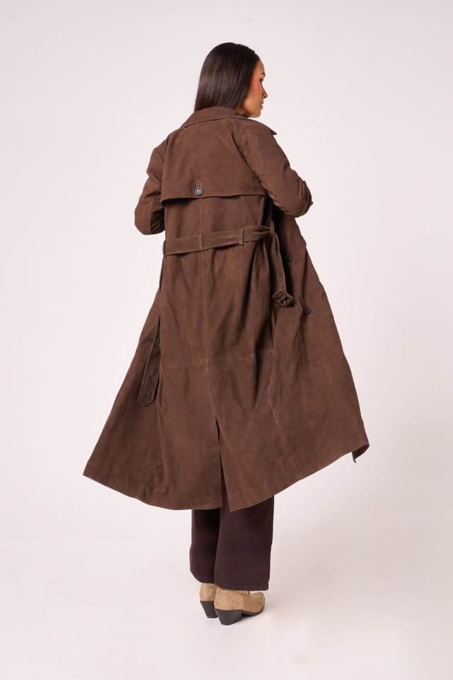 Barneys Originals Barneys Originals Women's Real Suede Chocolate Trench Coat in Brown - 3