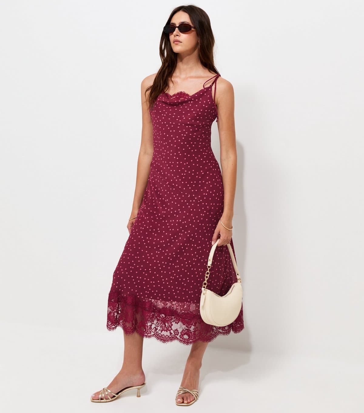 New Look Women's Red Polka Dot Print Chiffon Lace Trim Midi Dress New Look