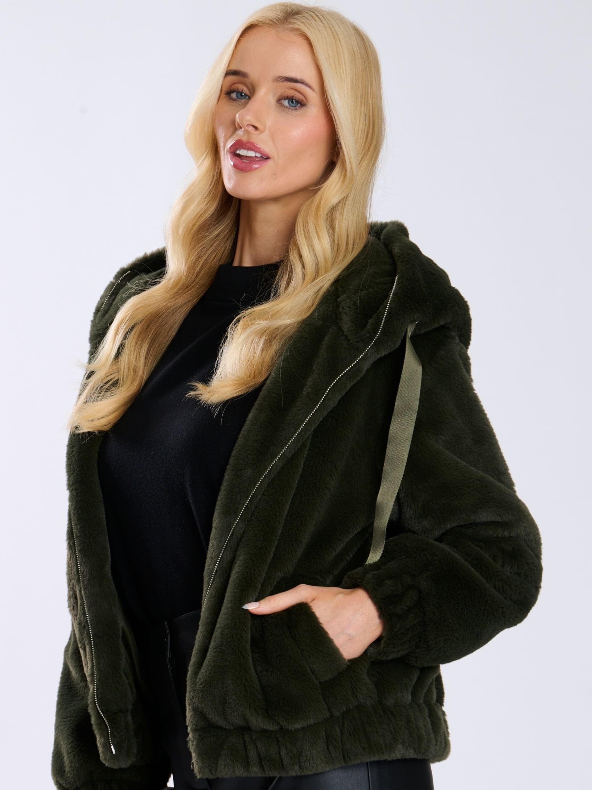 South Beach South Beach Khaki Faux Fur Hooded Jacket