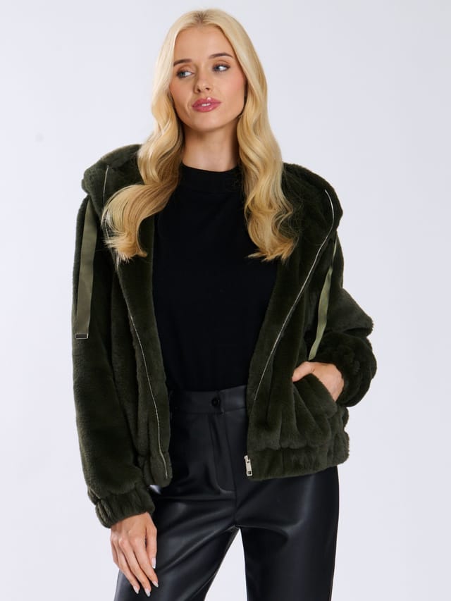 South Beach South Beach Women's Faux Fur Hooded Jacket in Khaki - 2