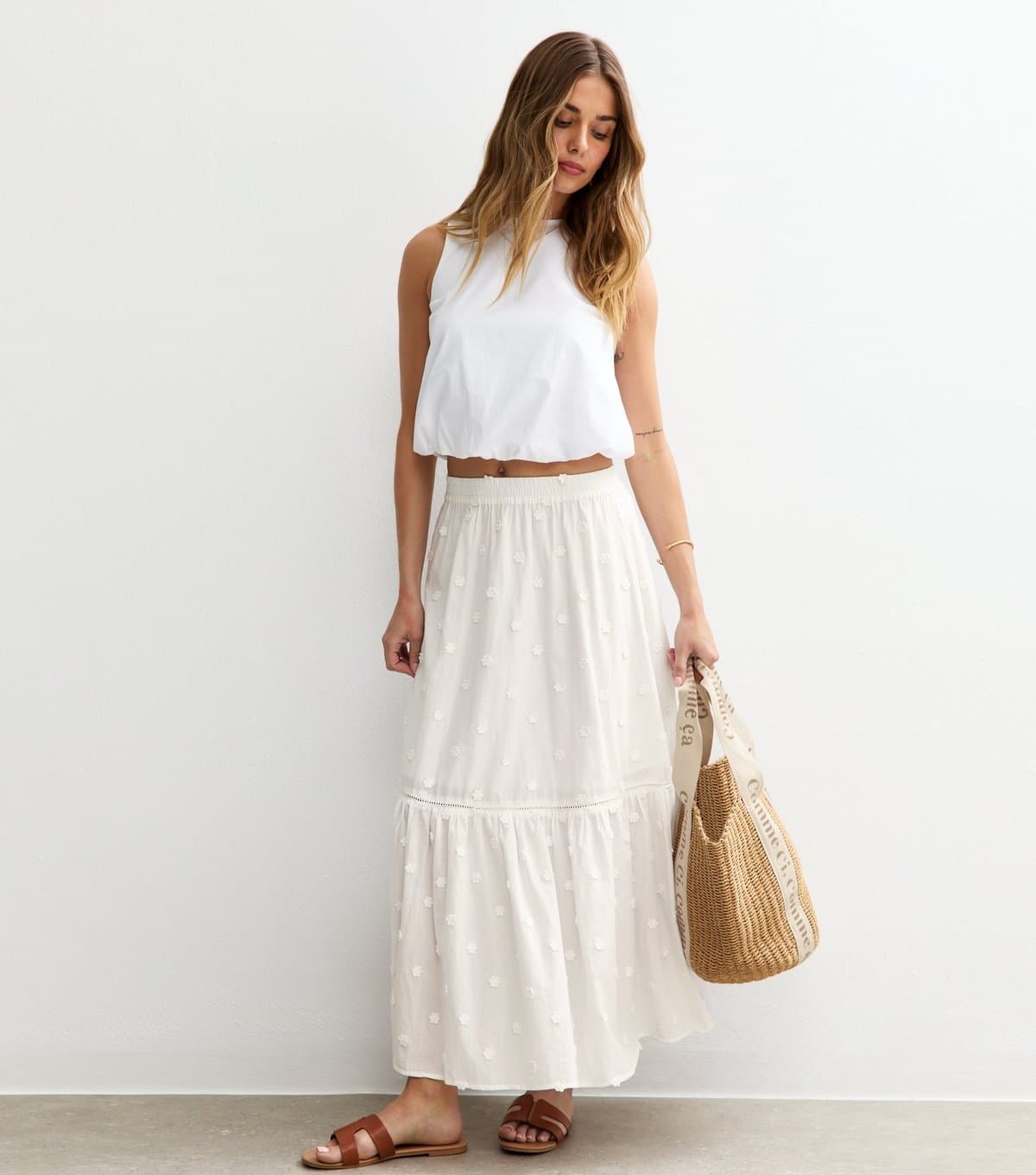 New Look Women's White Floral Embroidered Midi Skirt New Look