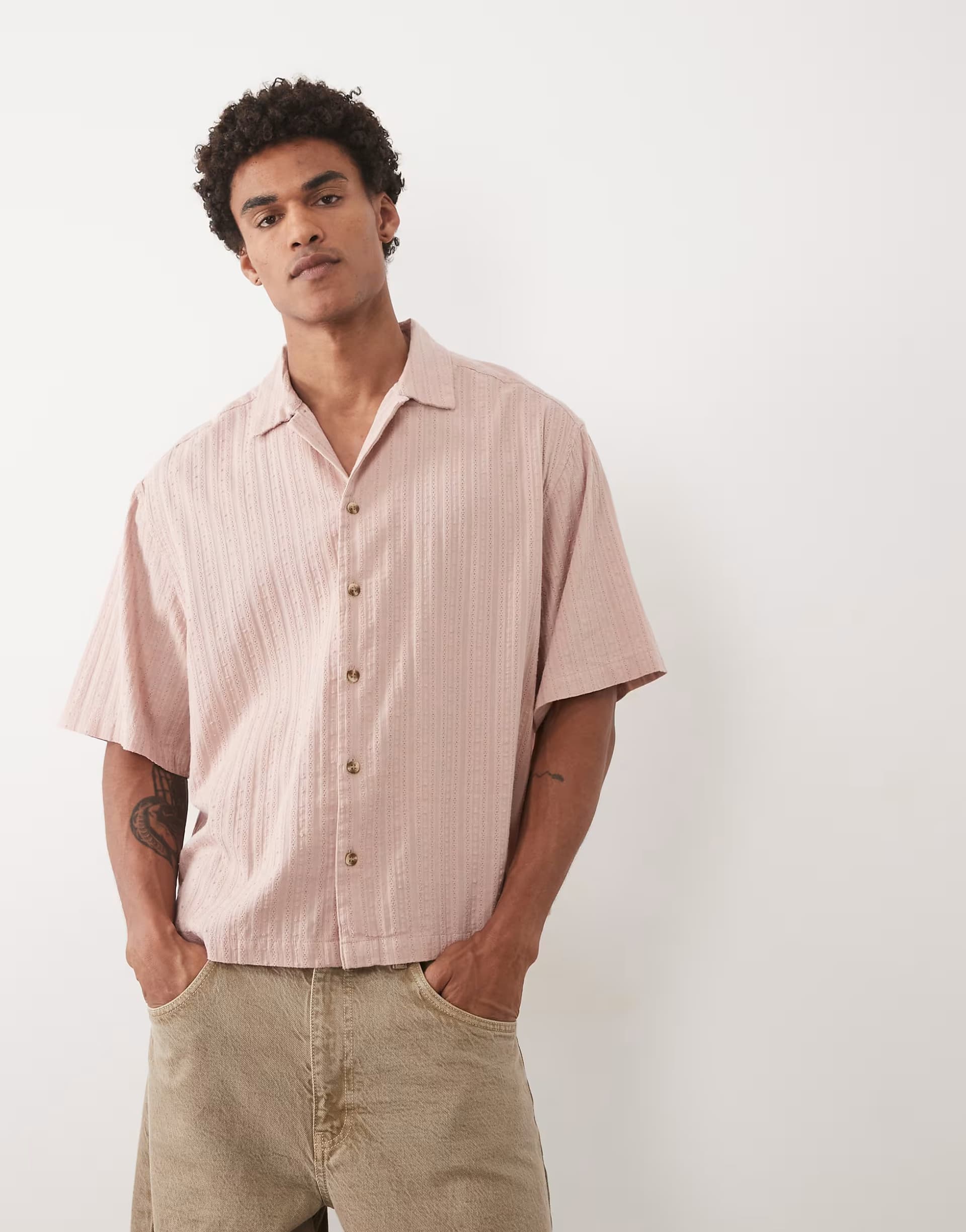 ASOS ASOS DESIGN boxy oversized revere textured shirt in pink