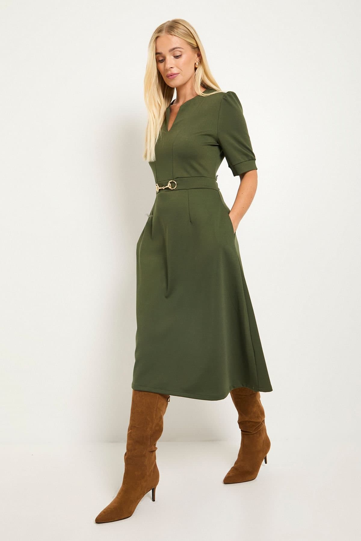 Wallis Wallis Women's Petite Ponte Snaffle Trim Midi Dress in Khaki