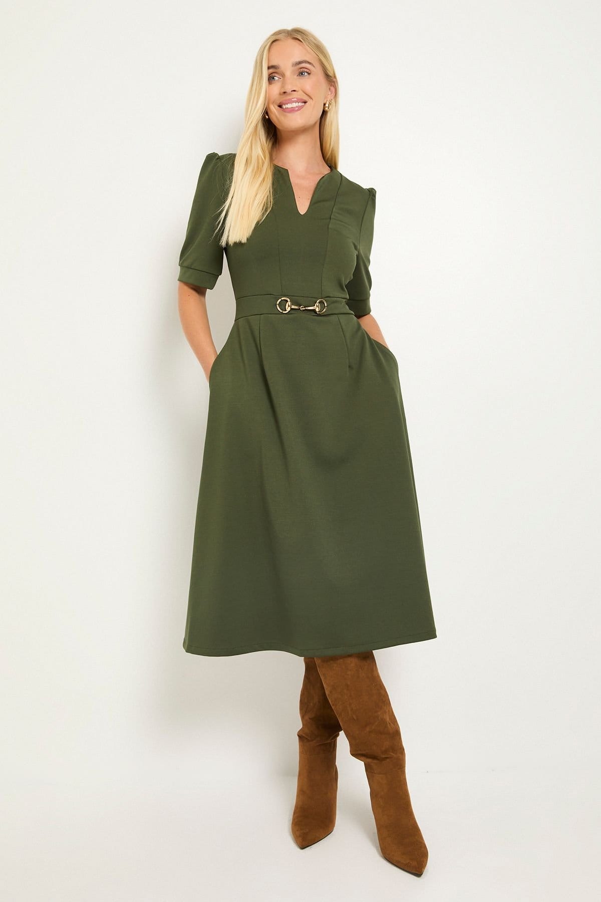 Wallis Wallis Women's Petite Ponte Snaffle Trim Midi Dress in Khaki - 4