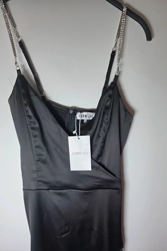 Femme Luxe Femme Luxe Satin Diamante Tassle Little Black Dress uk 10 holiday party birthday