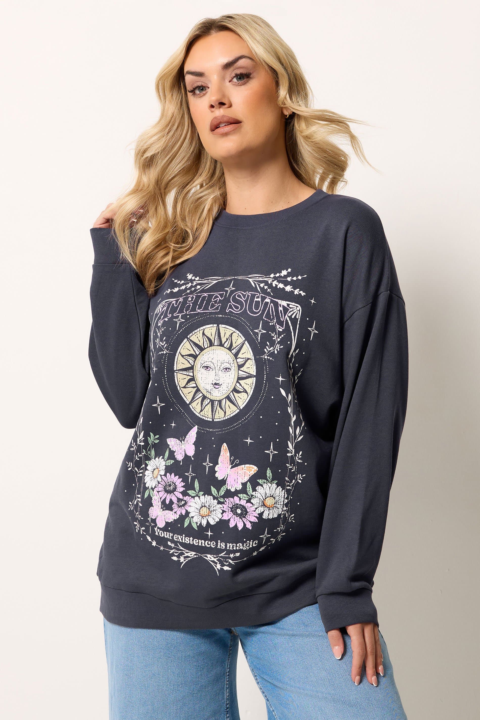Yours Curve Grey Celestial Graphic Print Sweatshirt