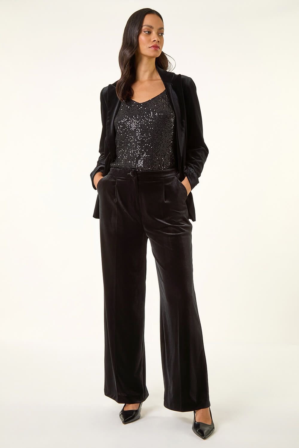 Dusk Dusk Women's Velvet Pocket Stretch Trouser in Black - 3