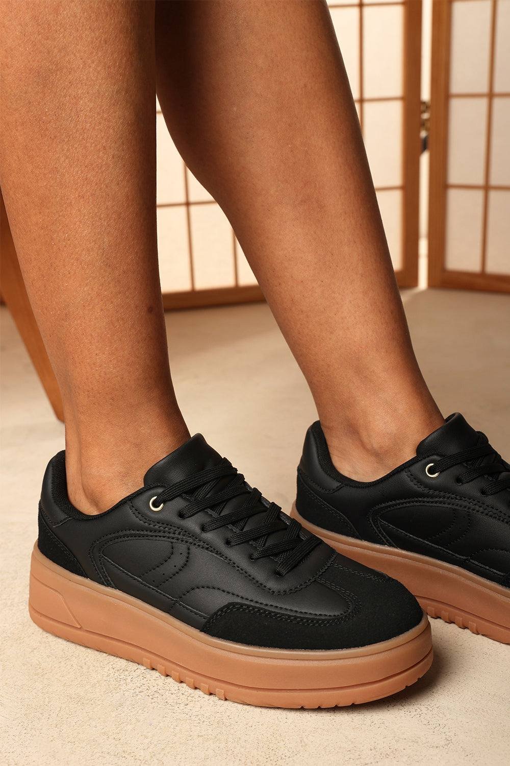 Wheres That From Where's That From Women's 'Yulia' Low Wedge Lace up trainer with leopard print heel detail in Black - 4