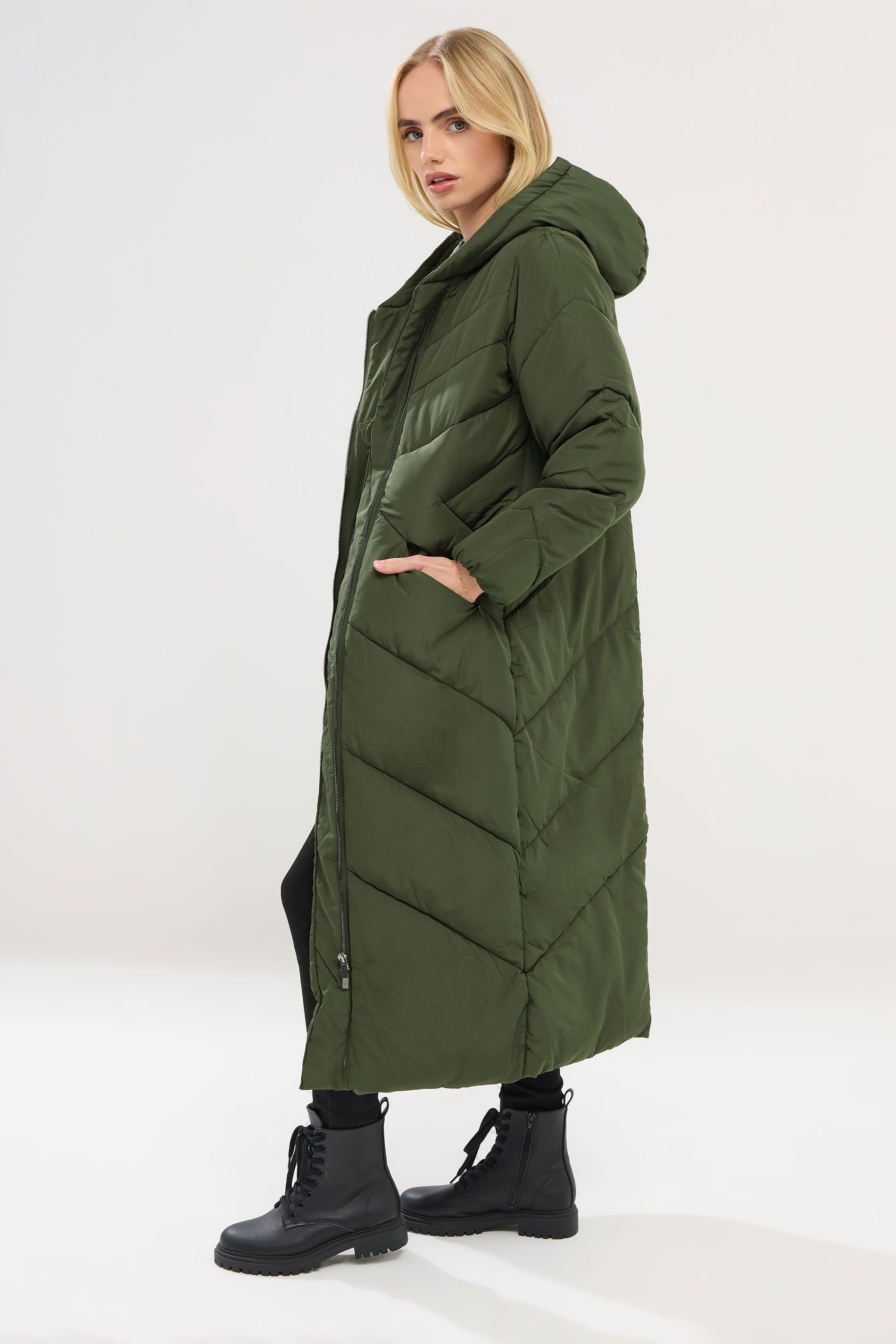 PixieGirl PixieGirl Women's Petite Padded Maxi Coat in Green - 3