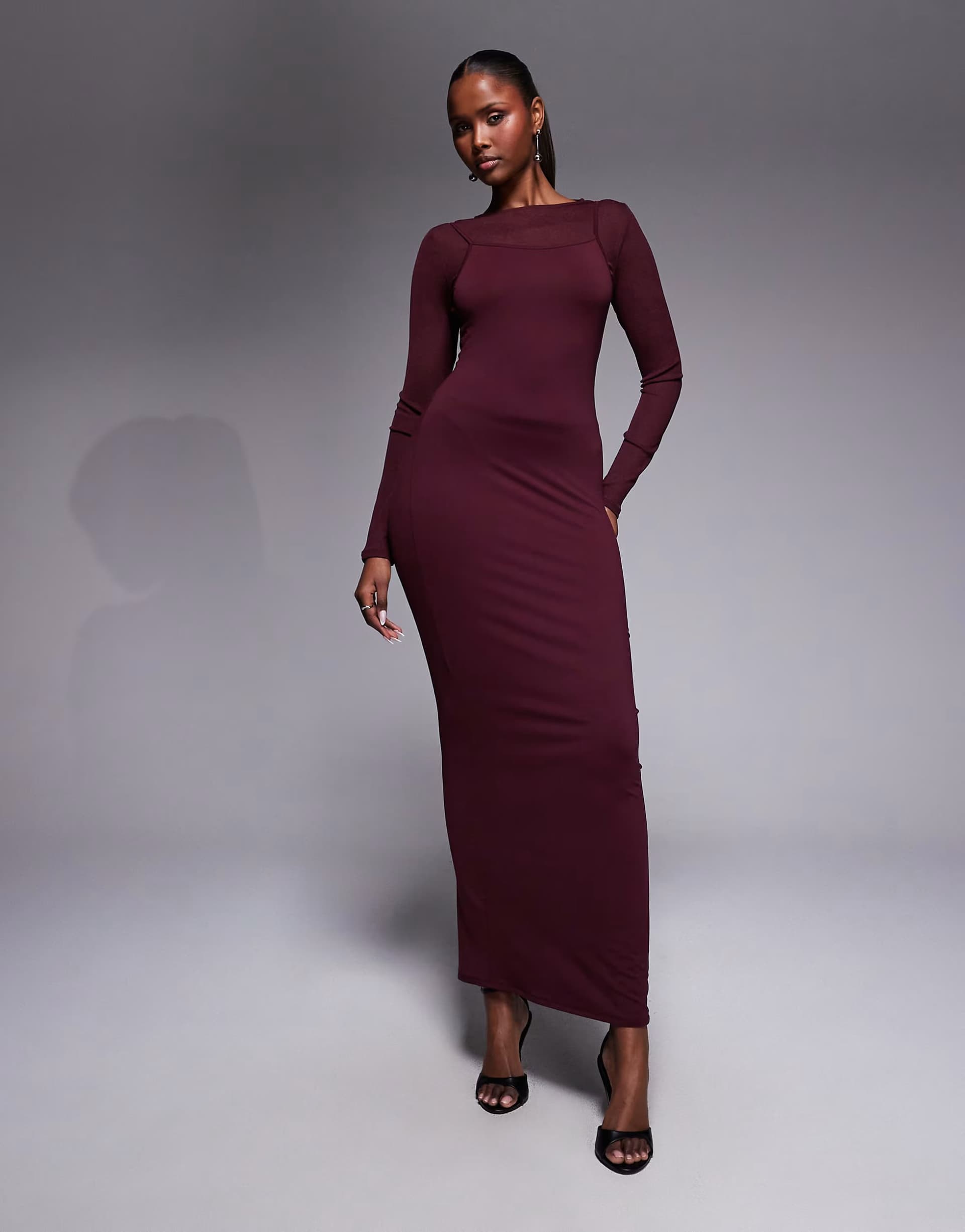 ASOS ASOS DESIGN long sleeve double layer maxi dress in  plum