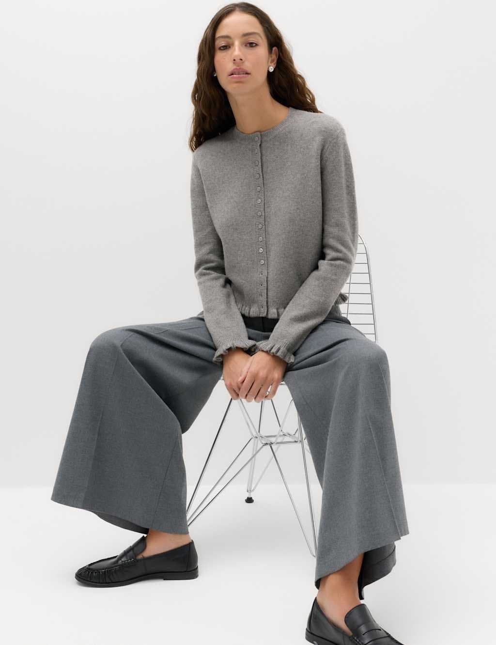 Marks & Spencer M&S Ruffle Crew Neck Cardigan Mid Grey Marl
