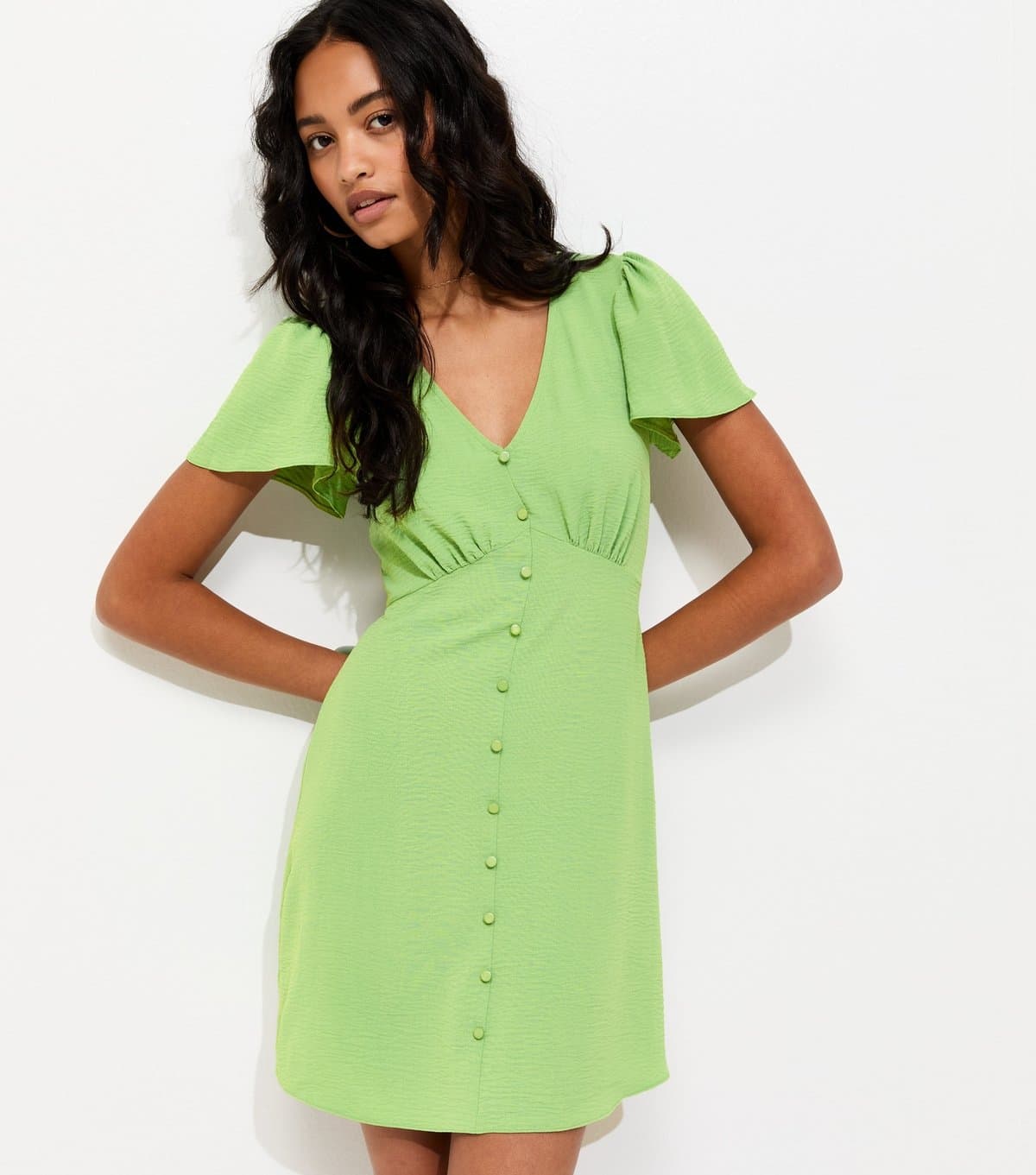 New Look Women's Bright Green V-Neck Button Up Mini Tea Dress New Look