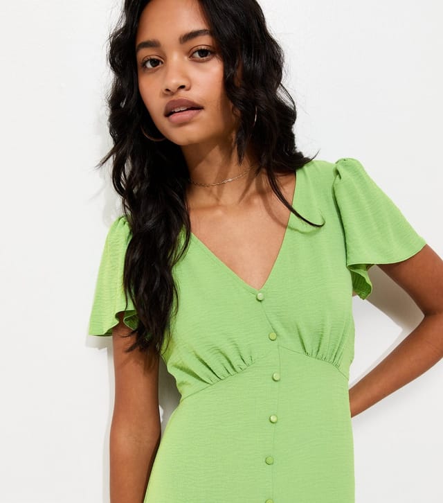 New Look Women's Bright Green V-Neck Button Up Mini Tea Dress New Look - 2