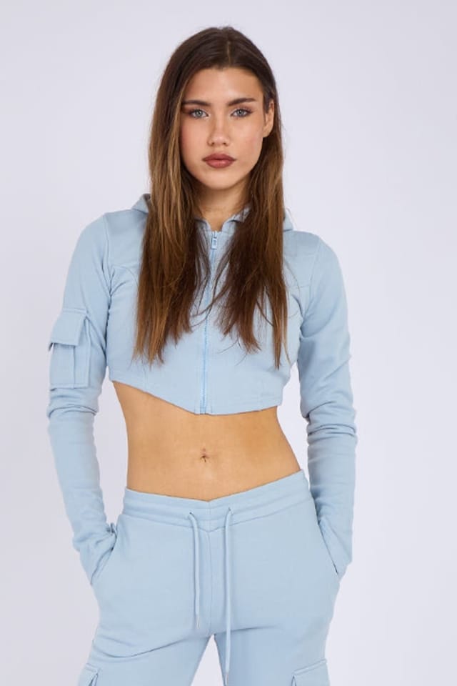 STYLEWISE STYLEWISE Women's Loopback Cropped Zip Up Hoodie - Cargo Trousers Co-ord Set in Blue - 2
