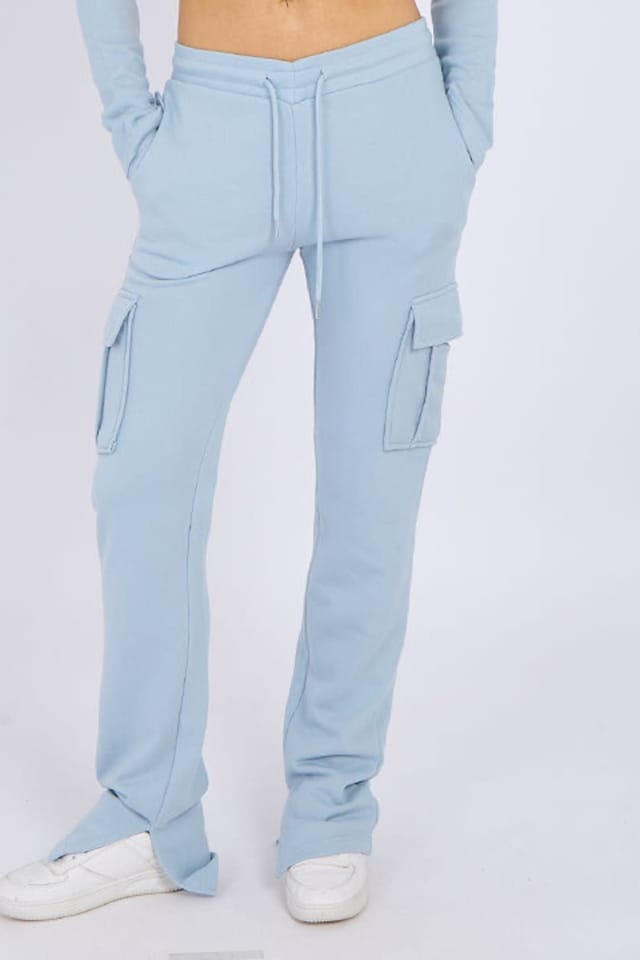 STYLEWISE STYLEWISE Women's Loopback Cropped Zip Up Hoodie - Cargo Trousers Co-ord Set in Blue - 3