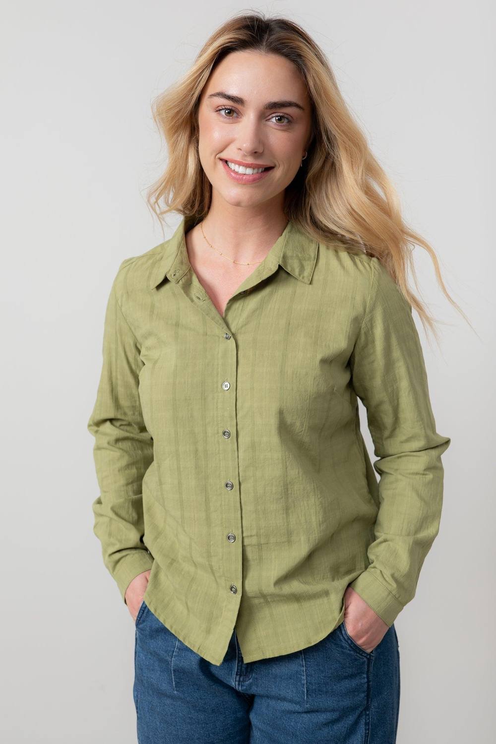 Lily & Me Lily & Me Women's Patsy Long Sleeve Cotton Check Shirt with Classic collar & cuffs in Green - 2