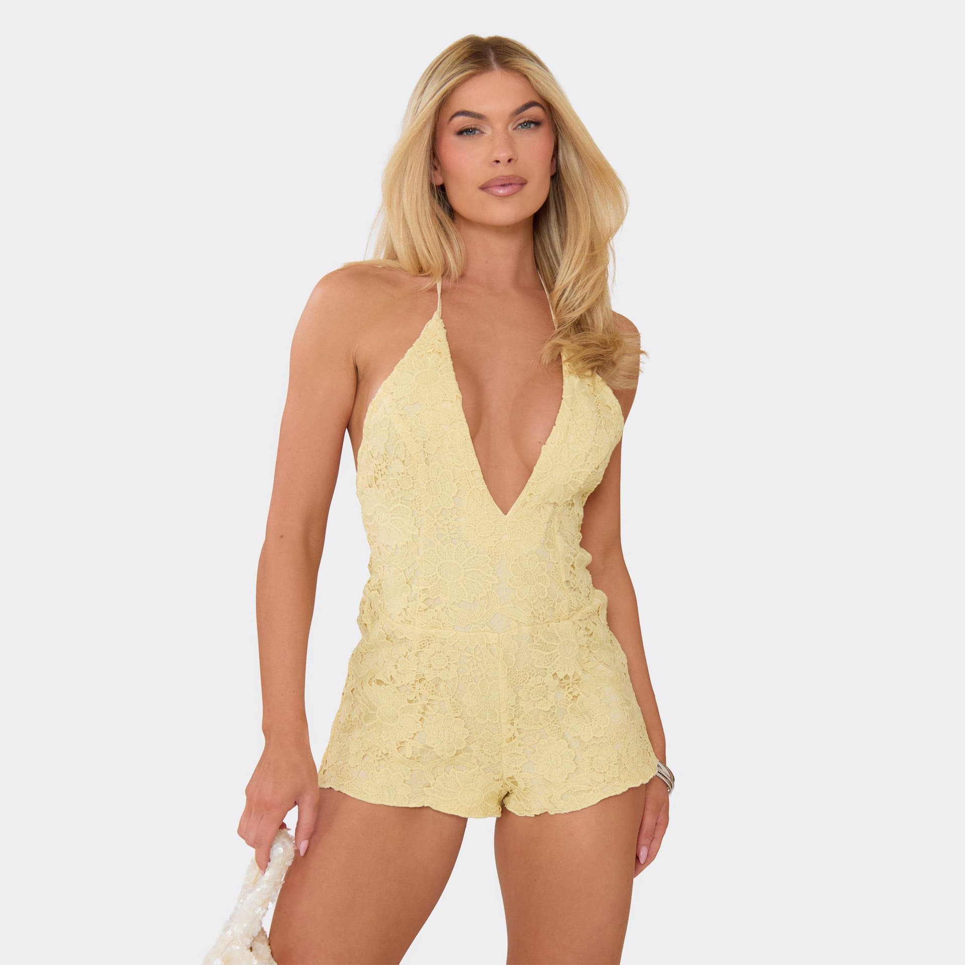 EGO Halterneck Plunge Front Playsuit In Lemon Floral Texture, Women's Size UK 6