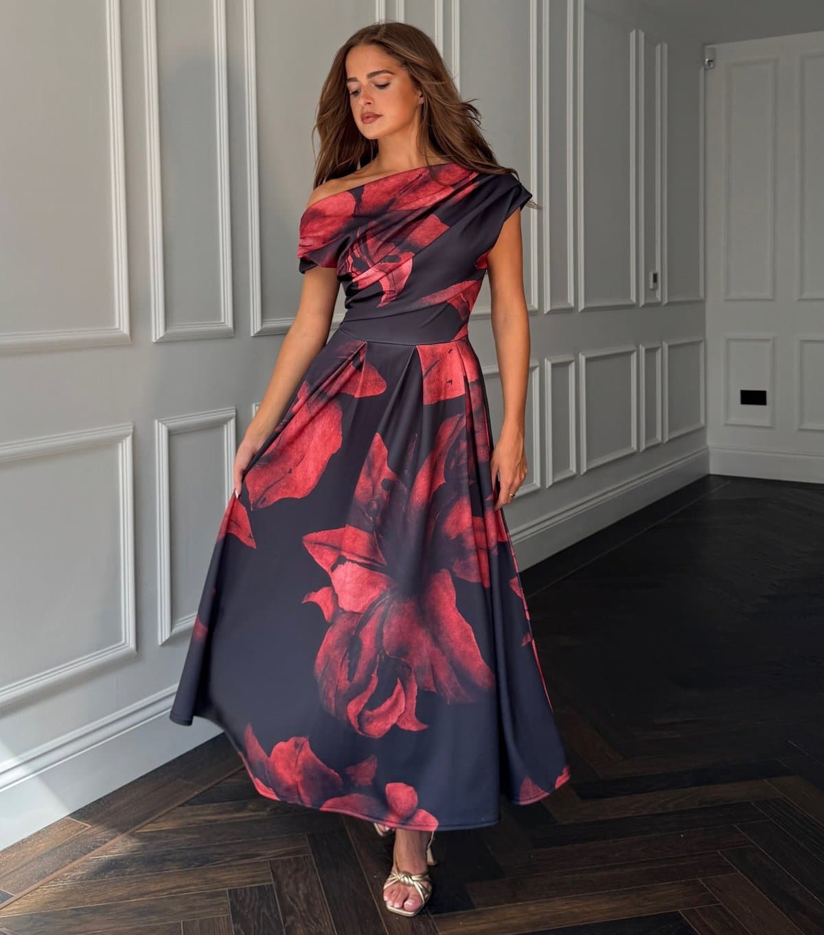 Girl In Mind Women's Black Floral Printed Off The Shoulder Pleated Skirt Midi Dress Girl in Mind New Look