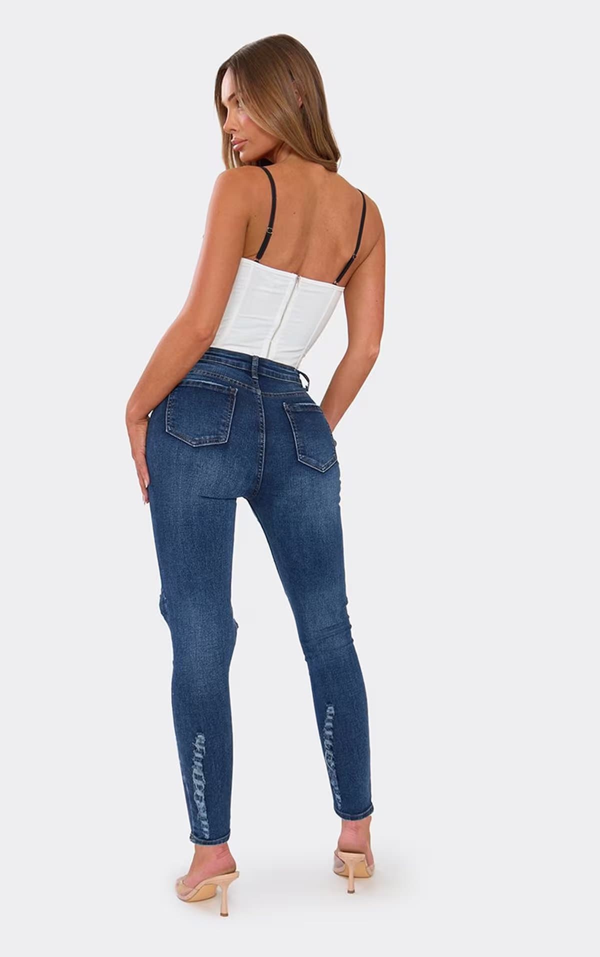 EGO High Waist Ripped Knee Straight Leg Jeans In Dark Blue Wash Denim, Women's Size UK 6