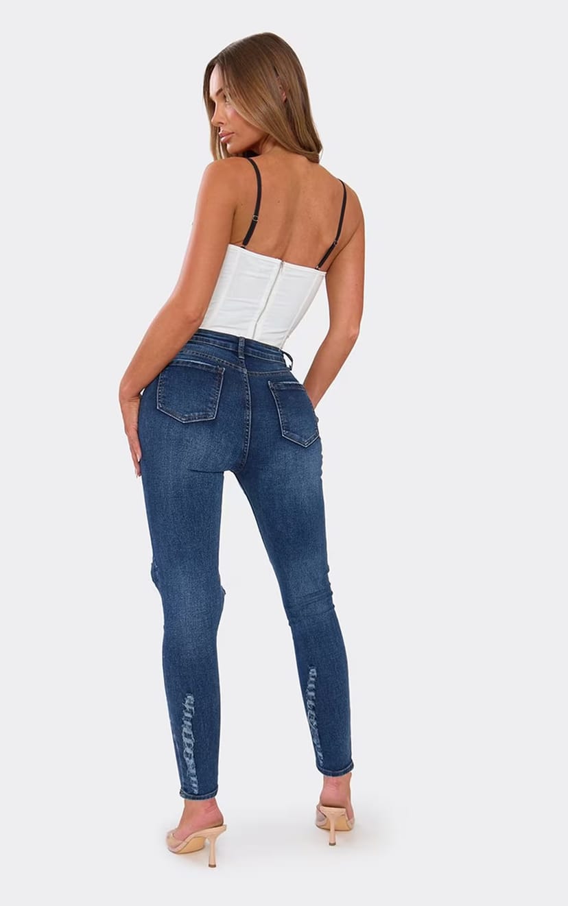 EGO High Waist Ripped Knee Straight Leg Jeans In Dark Blue Wash Denim, Women's Size UK 6 - 1