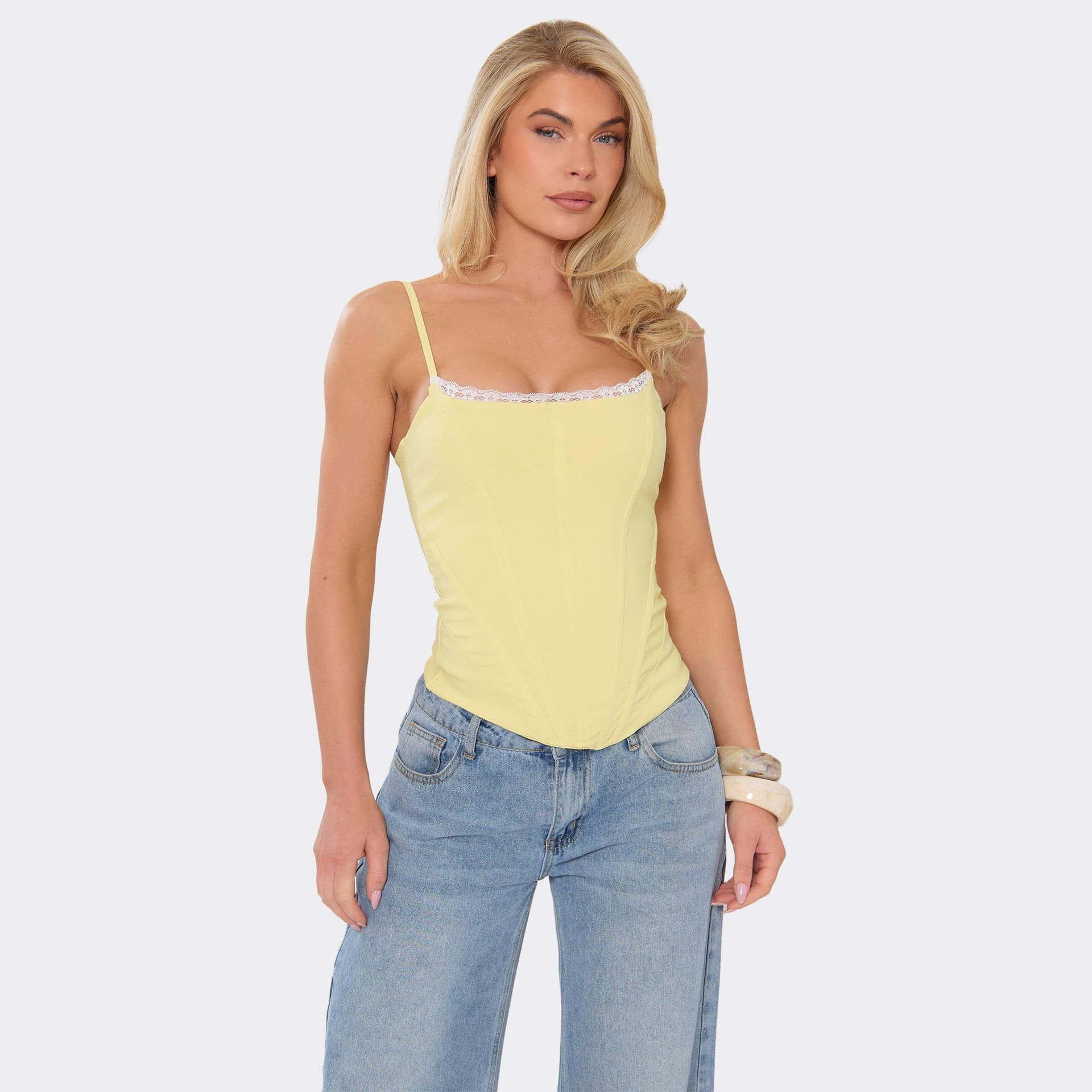 EGO Strappy Lace Trim Curved Hem Corset Top In Lemon, Women's Size UK 6