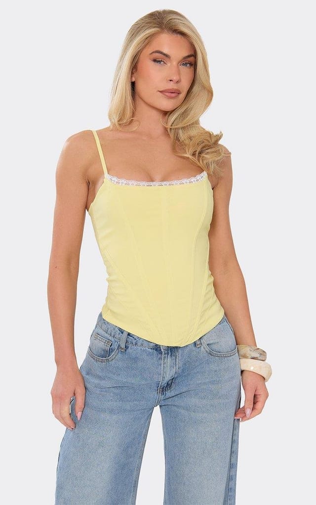 EGO Strappy Lace Trim Curved Hem Corset Top In Lemon, Women's Size UK 6 - 2